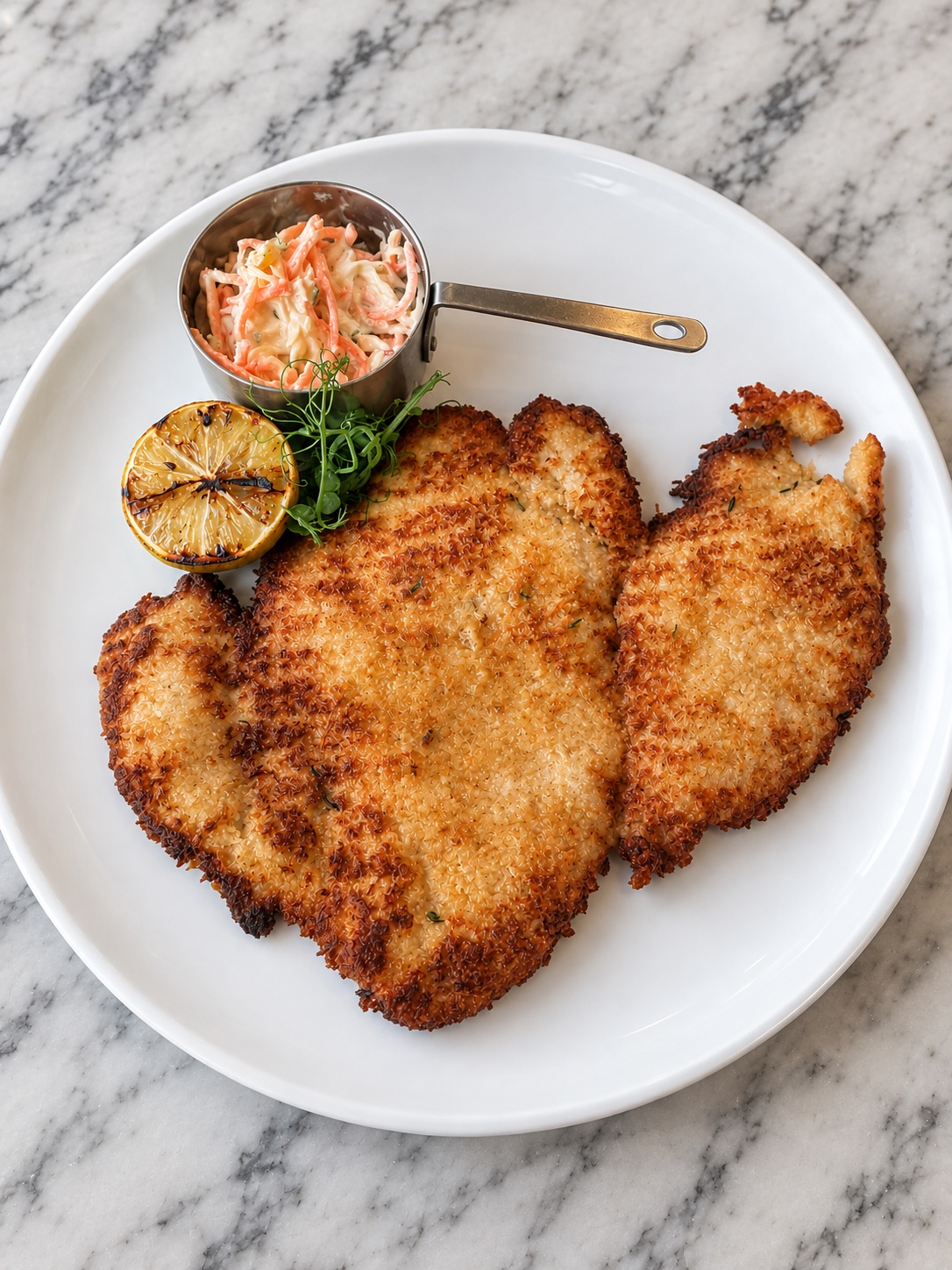 Golden breaded cutlet with grilled citrus, pea shoots and coleslaw on a white plate