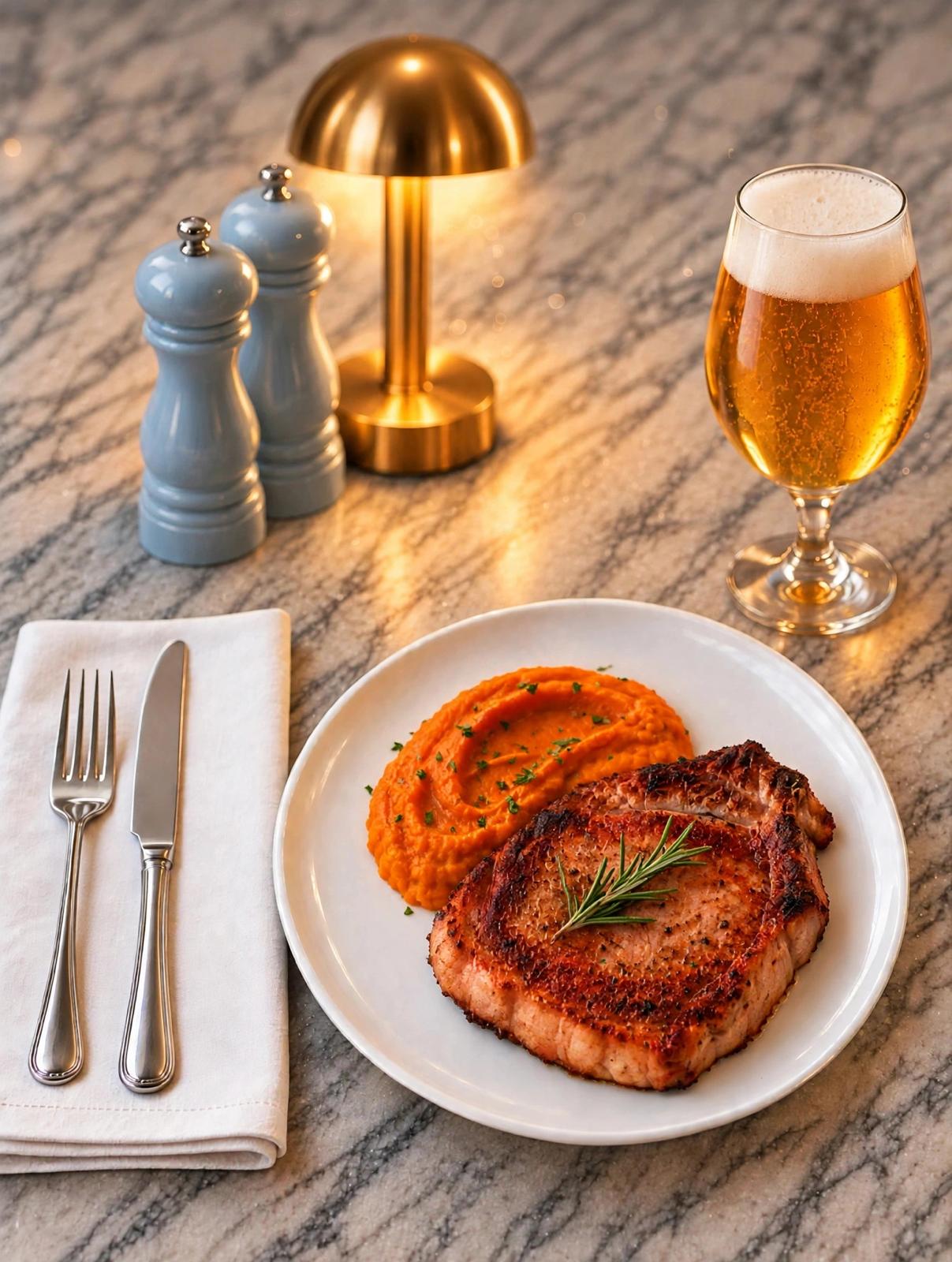 Seared meat with orange puree and a glass of beer beside a golden table lamp and blue mills