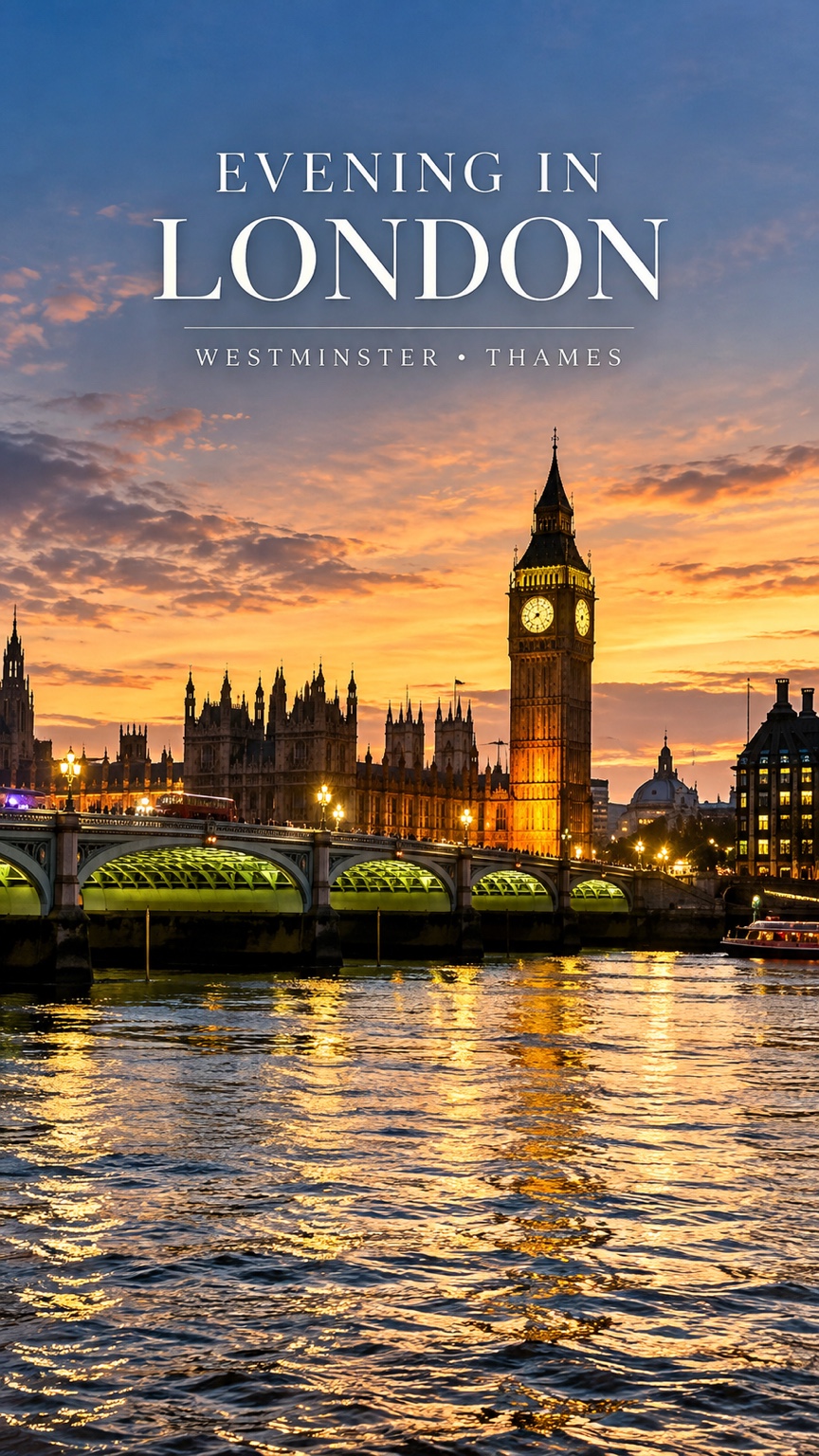 Westminster Bridge, Big Ben and the Thames at sunset, with the original Evening in London caption