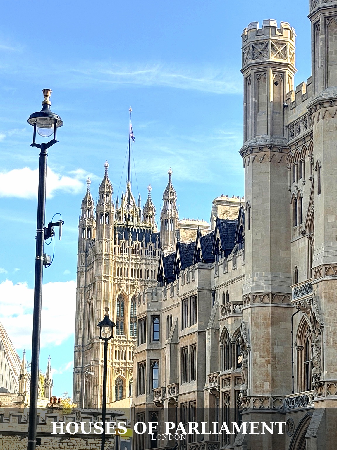 A street-level view of the Houses of Parliament with the original caption