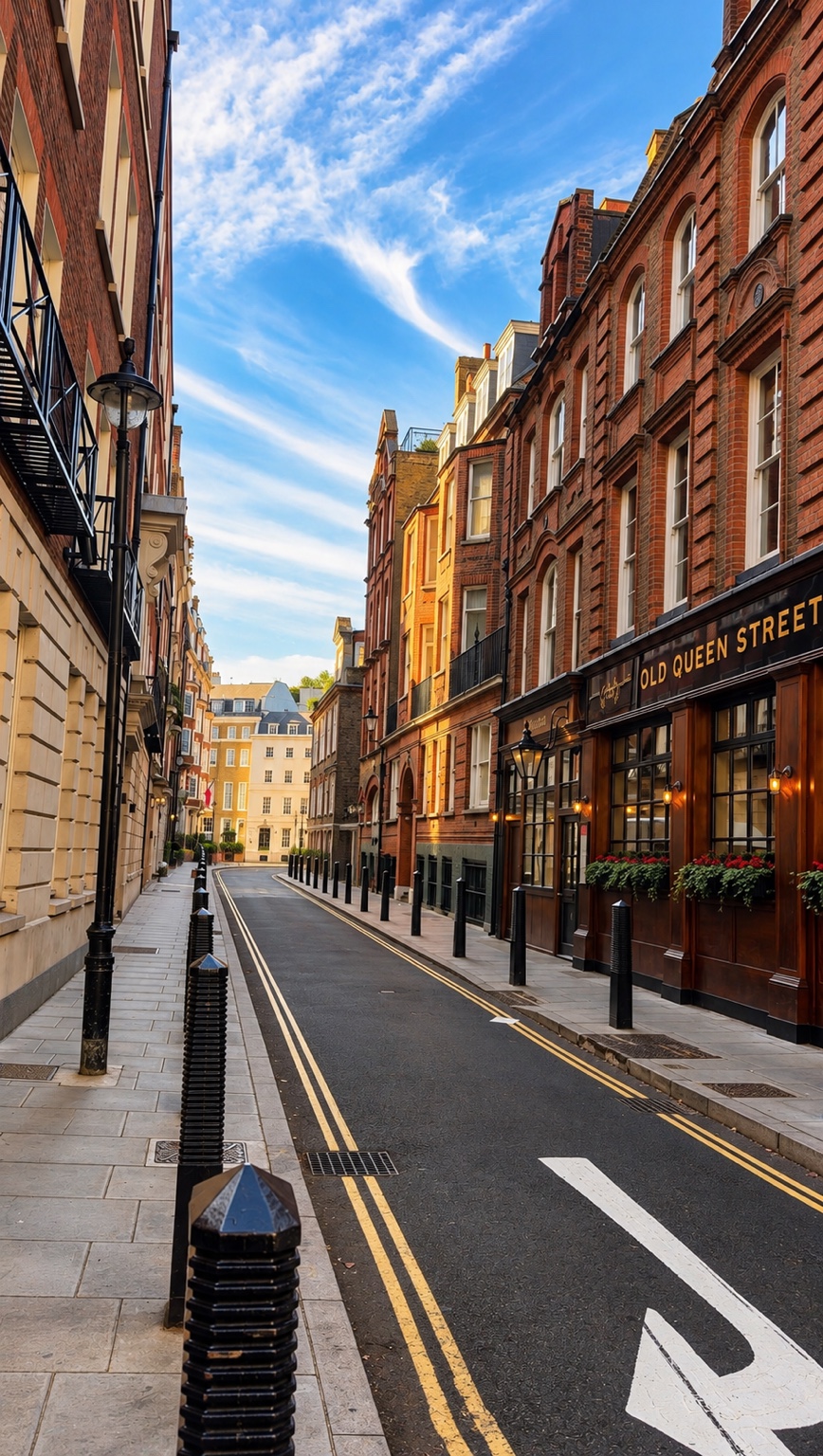 A quiet London street lined with historic buildings beneath a blue sky