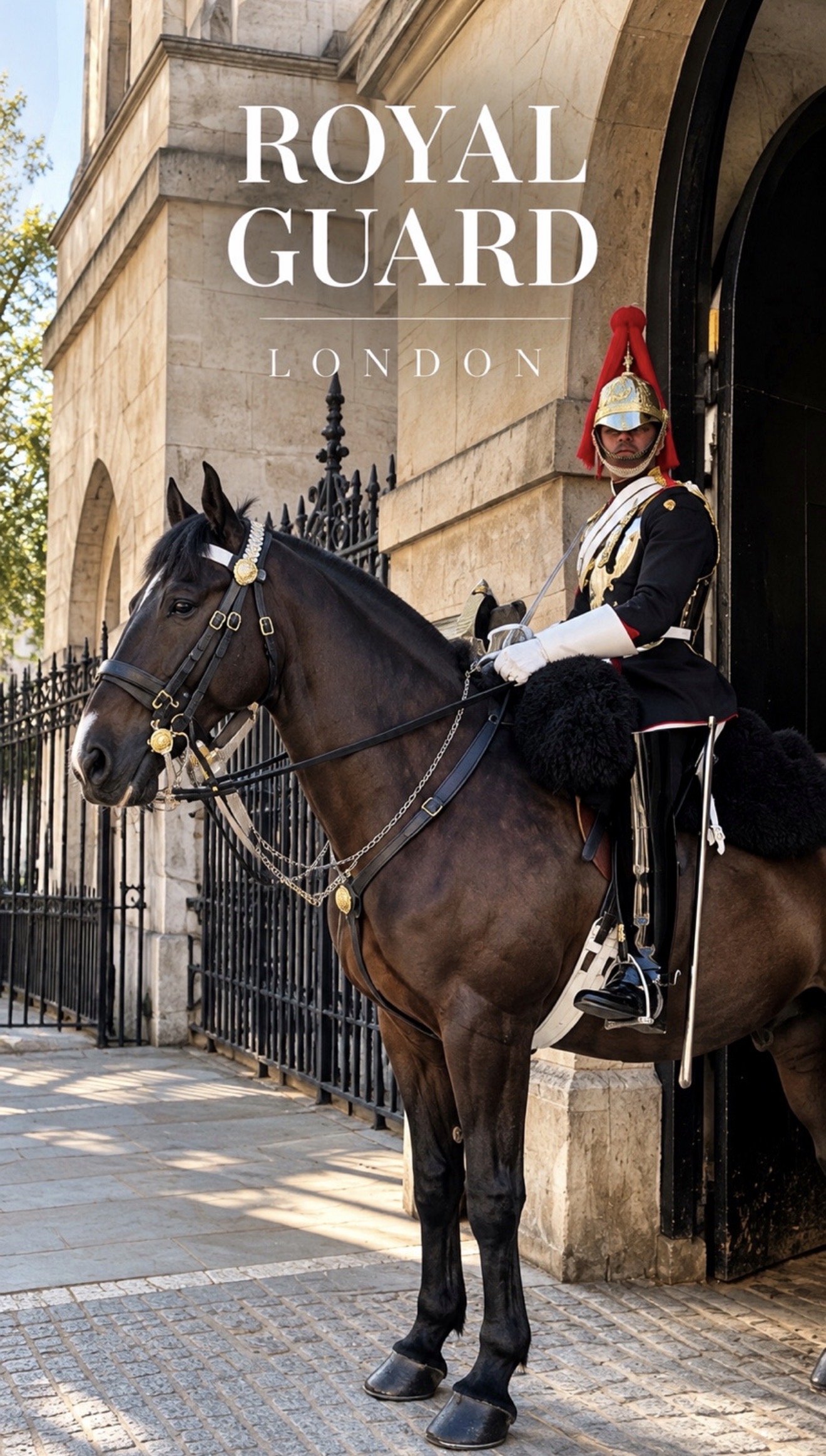 A mounted royal guard on a black horse, with the original Royal Guard London caption