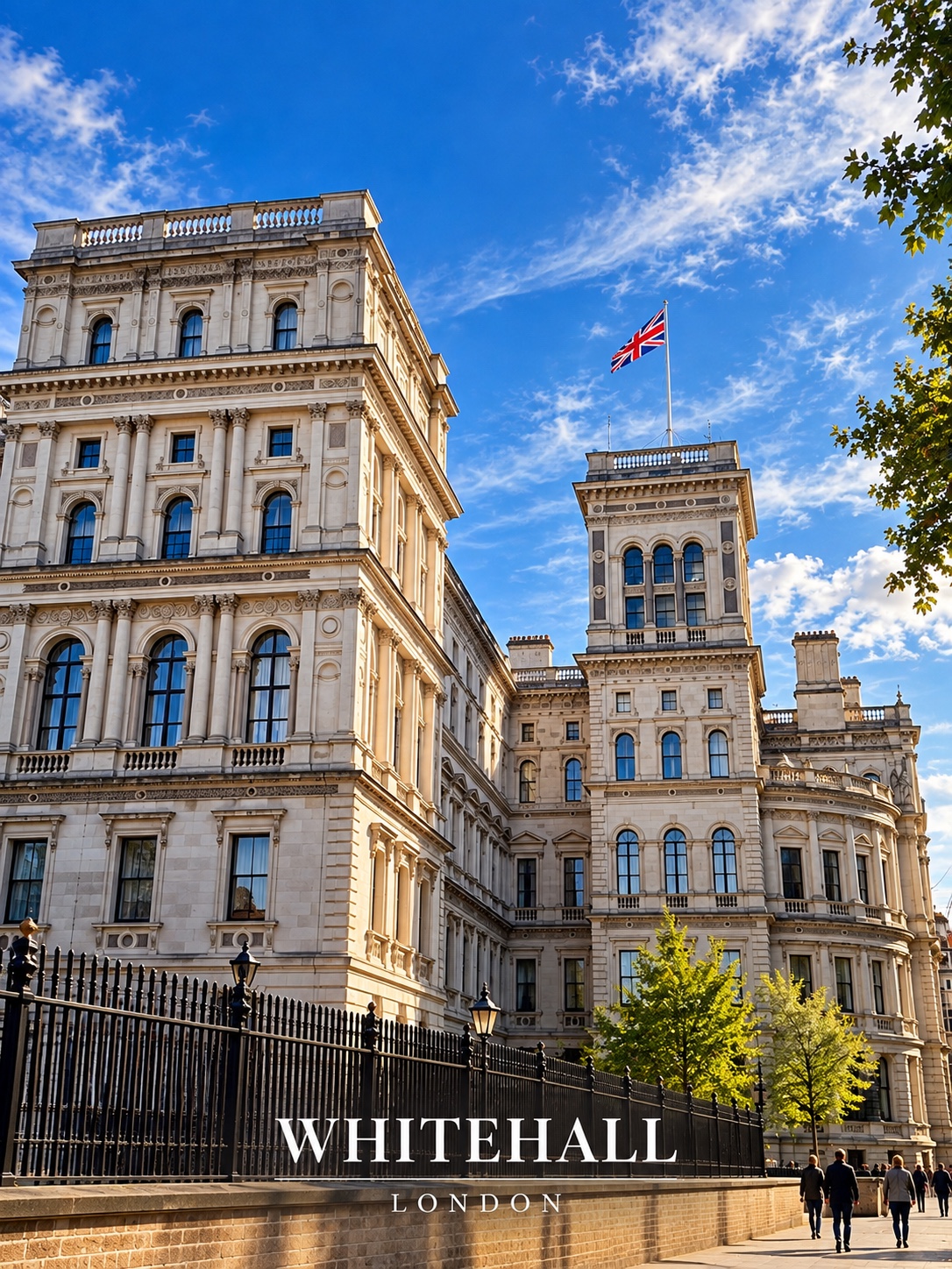 Historic buildings along Whitehall, with the original Whitehall London caption