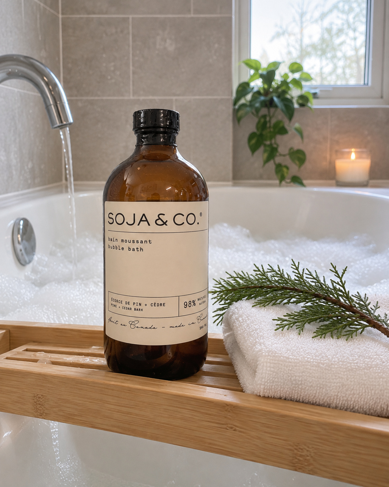 SOJA & CO. bubble bath product styling in a bathroom